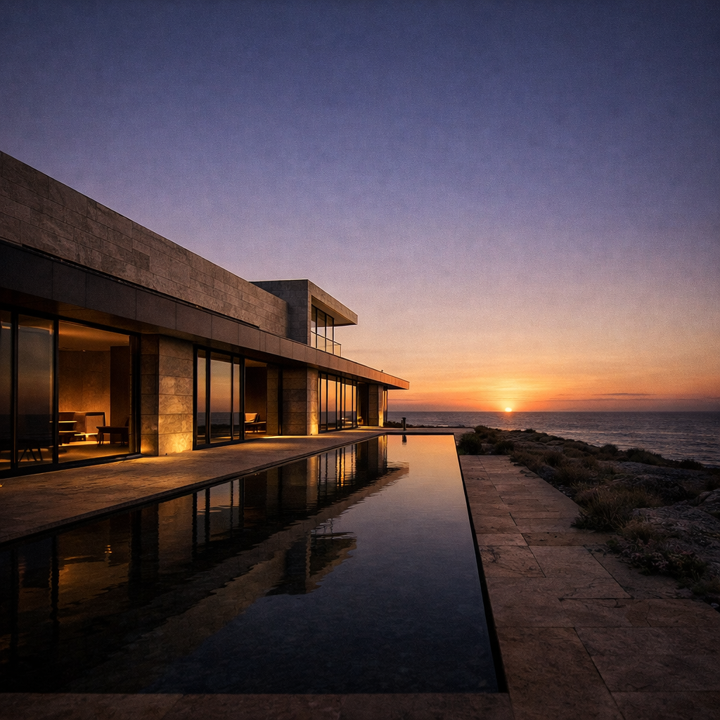 Coastal retreat concept with pool and sea horizon