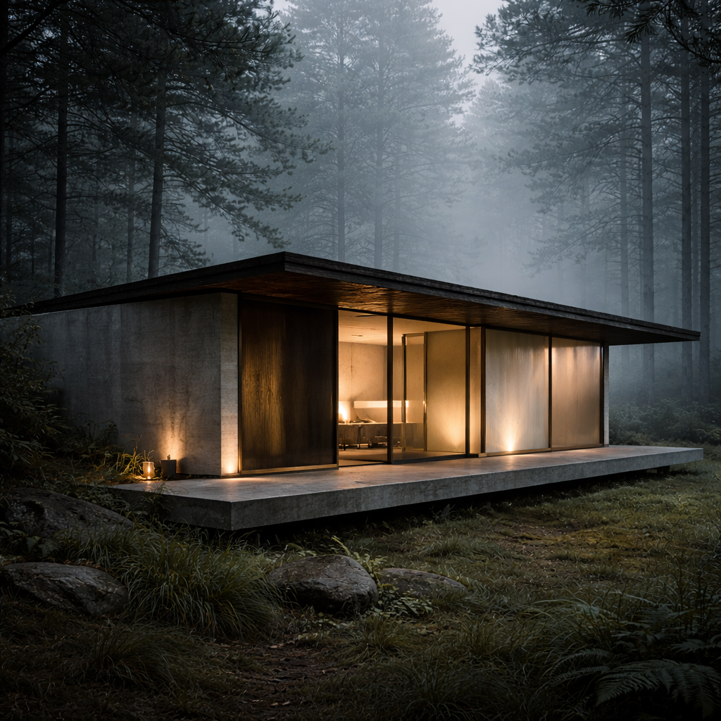 Pavilion concept in misty forest