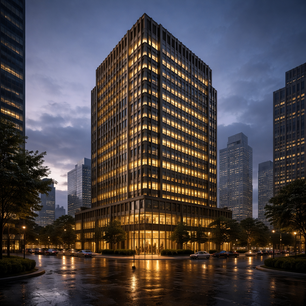 Corporate office tower at blue hour